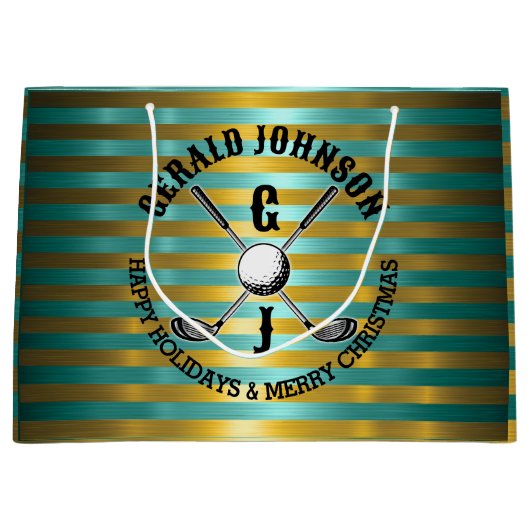 Elegant Metallic Groen-Goud Golf Monogram Groot Cadeauzakje (Voorkant)