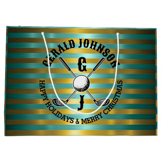 Elegant Metallic Groen-Goud Golf Monogram Groot Cadeauzakje (Achterkant)