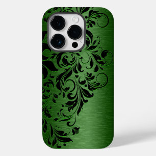 Elegant Metallic Groen & Zwart Bloemen Kant Case-Mate iPhone 14 Pro Hoesje