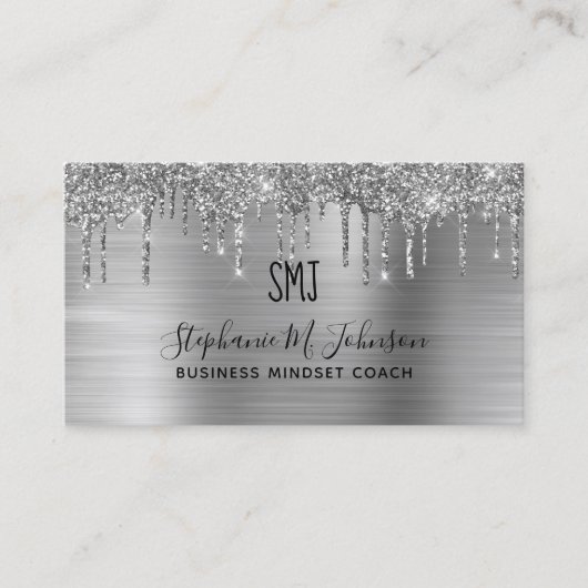 Elegant Metallic Silver Glitter Drip Monogram Logo Visitekaartje (Voorkant)