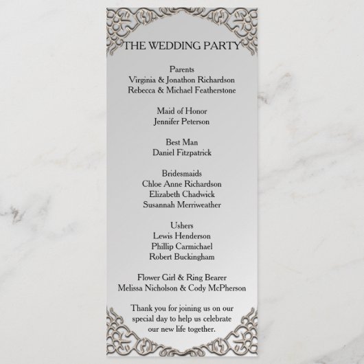 Elegant Metallic Silver Wedding Programma (Achterkant)
