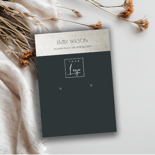 ELEGANT METALLIC ZWARTE SILVER LOGO EARRING DISPLA VISITEKAARTJE