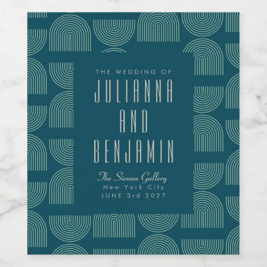 Elegant Mid Mod Arch Blauwgroen Blue Custom Weddin Wijn Etiket (Enkel label)