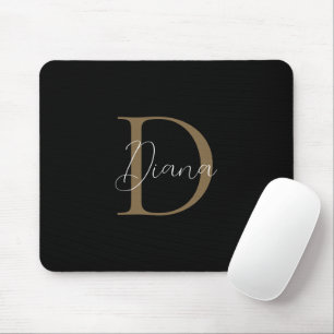 Elegant Midnight Black Mossy Gold Script Monogram Muismat