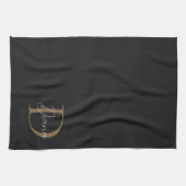Elegant Midnight Black Mossy Gold Script Monogram Theedoek (Horizontaal)