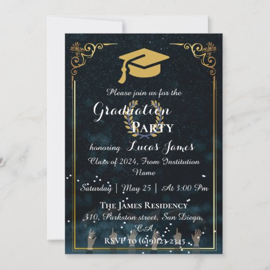 Élégant Midnight Blue & Gold Graduation Invitation (Devant)