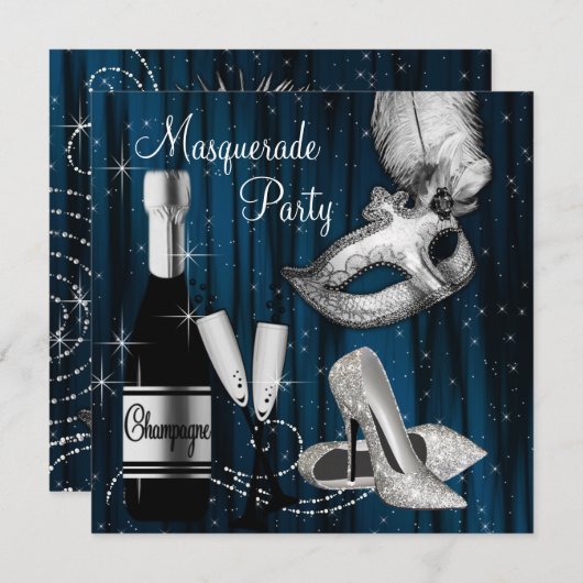 Elegant Midnight Blue Masquerade Party Kaart (Voorkant / Achterkant)