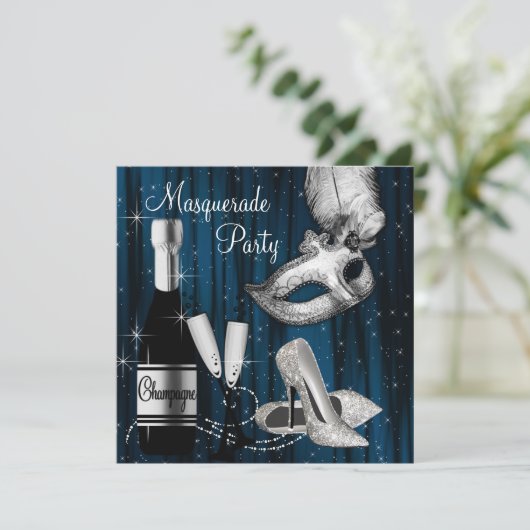 Elegant Midnight Blue Masquerade Party Kaart (Staand voorkant)