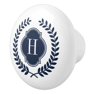 Elegant Midnight Blue Wreath Crest Monogram Keramische Knop