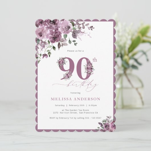 Élégant mignon Rose 90e anniversaire Invitation (Debout devant)