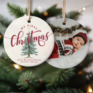 Elegant Mijn Eerste Kerstboom Script Baby Foto Keramisch Ornament