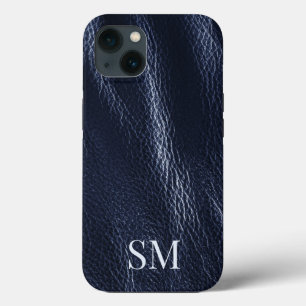 Elegant minimaal blauw lederen monogram Initiaal iPhone 13 Hoesje