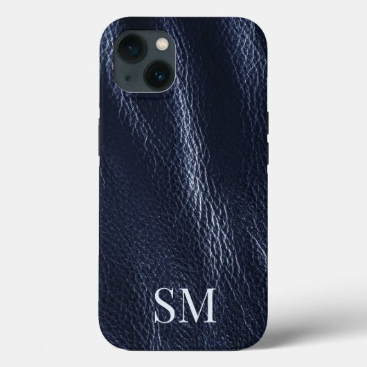 Elegant minimaal blauw lederen monogram Initiaal Case-Mate iPhone Case (Achterkant)
