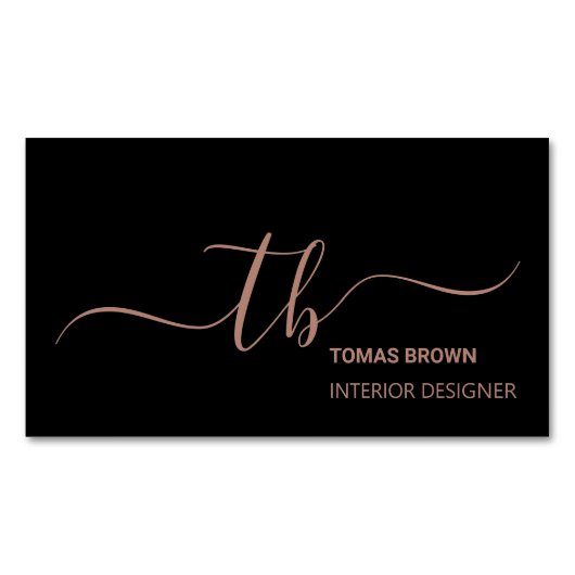 Elegant minimaal roos goudzwart monogram initiaal magnetisch visitekaartje (Voorkant)