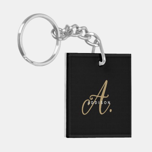 Elegant Minimaal Zwart Goud Script Monogram Sleutelhanger (Voorkant Links)