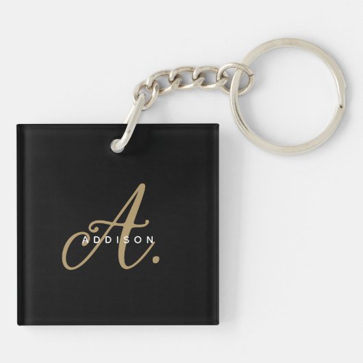Elegant Minimaal Zwart Goud Script Monogram Sleutelhanger (Achterkant)