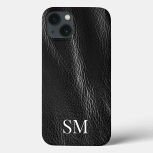 Elegant minimaal zwart leder monogram Initialen iPhone 13 Hoesje