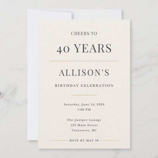 Elegant Minimal 40th Birthday Celebration Kaart (Voorkant)