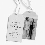 Elegant minimal black and white photo wedding<br><div class="desc">Simple but stylish and elegant, this black and white wedding favor tag is the perfect touch to your wedding reception. The first names are linked with a beautiful unique "and" type treatment and there's plenty of room for a custom personalized message. The black text on a white background is timeless...</div>