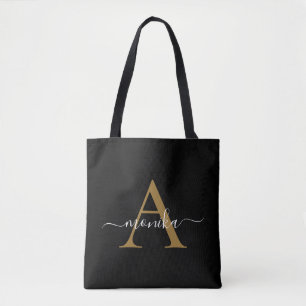 Elegant Minimal Black Gold Monogram Name Initiaal Draagtas