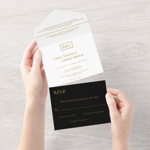 Elegant Minimal Black White Gold Monogram Weddensc All In One Uitnodiging