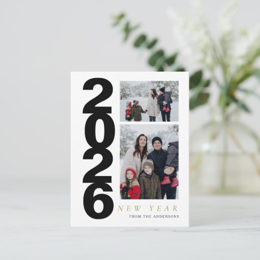 Elegant Minimal Happy New Year Family 2 Photo Feestdagenkaart (Staand voorkant)