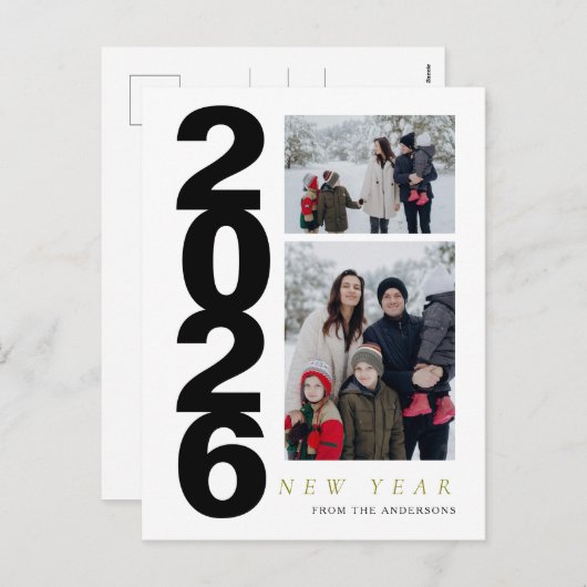 Elegant Minimal Happy New Year Family 2 Photo Feestdagenkaart (Voorkant / Achterkant)