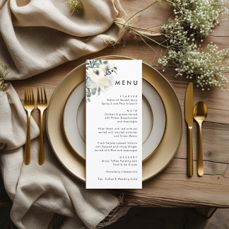 Elegant Minimal Ivory Floral Dusty Blue Wedding Menu