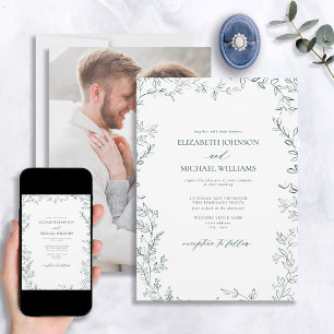 Elegant Minimal Leaf Emerald Green Photo Wedding Kaart