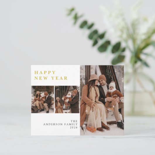 Elegant Minimal New Year Cheers Family 3 Photo Feestdagenkaart (Staand voorkant)