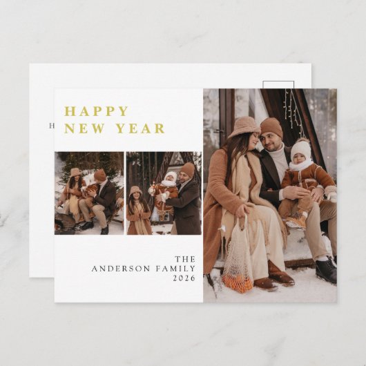 Elegant Minimal New Year Cheers Family 3 Photo Feestdagenkaart (Voorkant / Achterkant)