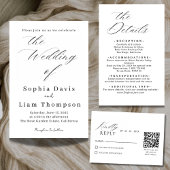 Elegant Minimal Script Black and White Wedding Inv Kaart