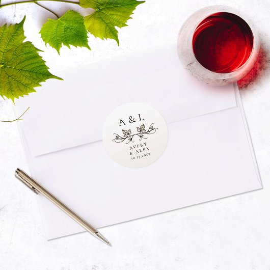 Elegant Minimal White Black Monogram Wedding Crest Ronde Sticker