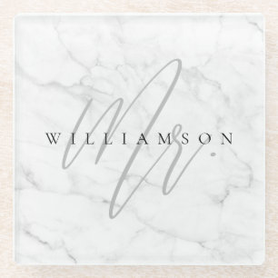Elegant Minimal White Marble Mr Script Custom Glazen Onderzetter