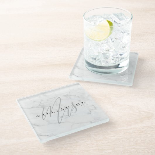 Elegant Minimal White Marble Mrs Script Custom Glazen Onderzetter (Schuin)