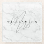 Elegant Minimal White Marble Mrs Script Custom Glazen Onderzetter (Voorkant)