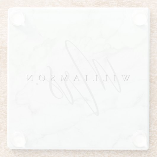 Elegant Minimal White Marble Mrs Script Custom Glazen Onderzetter (Achterkant)