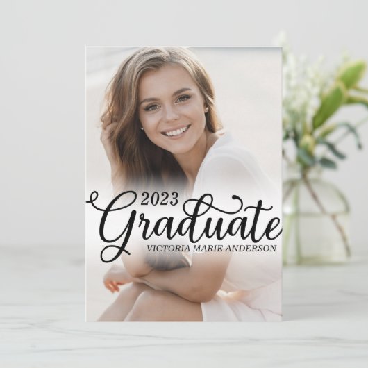 Elegant Minimal White Photo Typography Afstuderen Aankondiging (Staand voorkant)