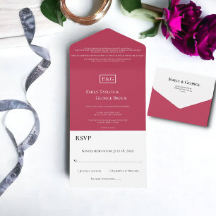 Elegant Minimale Magenta Monogram Modern Wedding All In One Uitnodiging