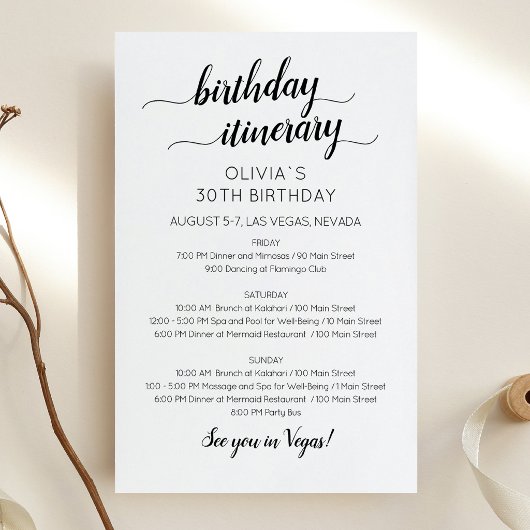 Elegant Minimalist Birthday Itinerary Invitation