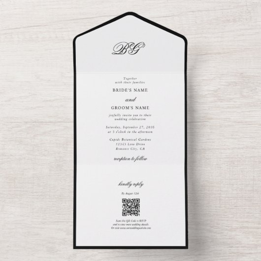 Elegant minimalist Black White Monogram Weddenscha All In One Uitnodiging (Binnen)