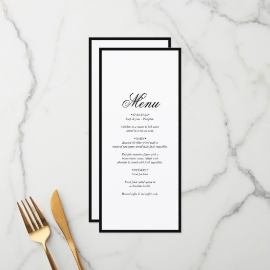 Elegant minimalist Black White Monogram Weddenscha Menu (Voorkant / Achterkant in situ)