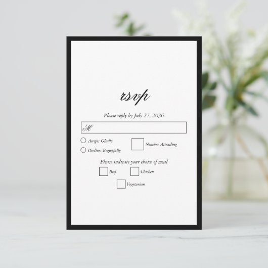 Elegant minimalist Black White Monogram Weddenscha RSVP Kaartje (Staand voorkant)