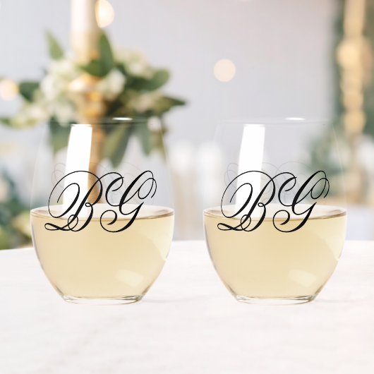 Elegant minimalist Black White Monogram Weddenscha Wijnglas Zonder Voet (Insitu (Huwelijk))