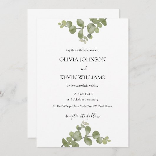 Elegant Minimalist Eucalyptus Wedding Invitation (Devant / Derrière)