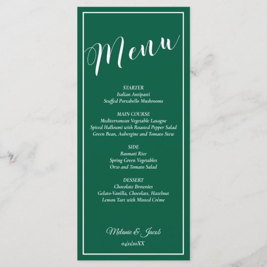 Elegant Minimalist Green Wedding Flat Menu Card (Voorkant)