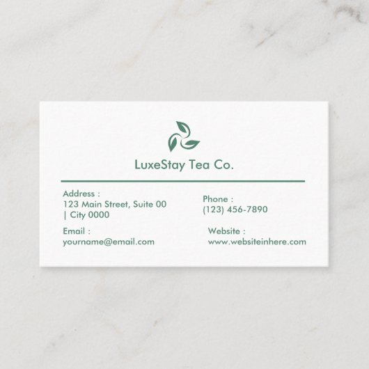 Elegant Minimalist Hotel Tea Theme Clean Visitekaartje (Voorkant)