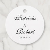 Elegant Minimalist Names Datum Black Script Weduwe Bedankjes Labels (Voorkant)