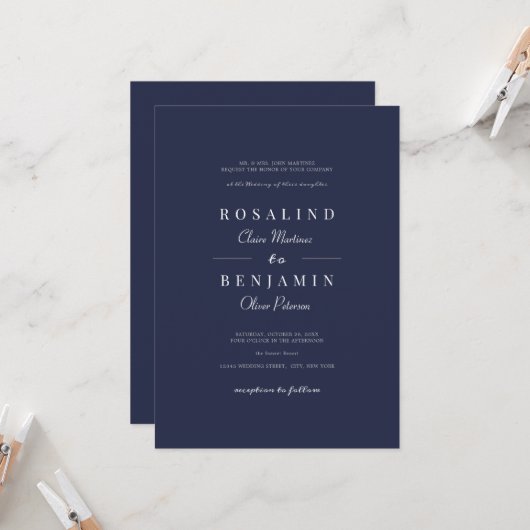 Elegant minimalist Navy Blue Typography Wedding Kaart (Voorkant / Achterkant in situ)