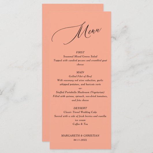 Elegant Minimalist Peach Wedding Menu (Voorkant / Achterkant)